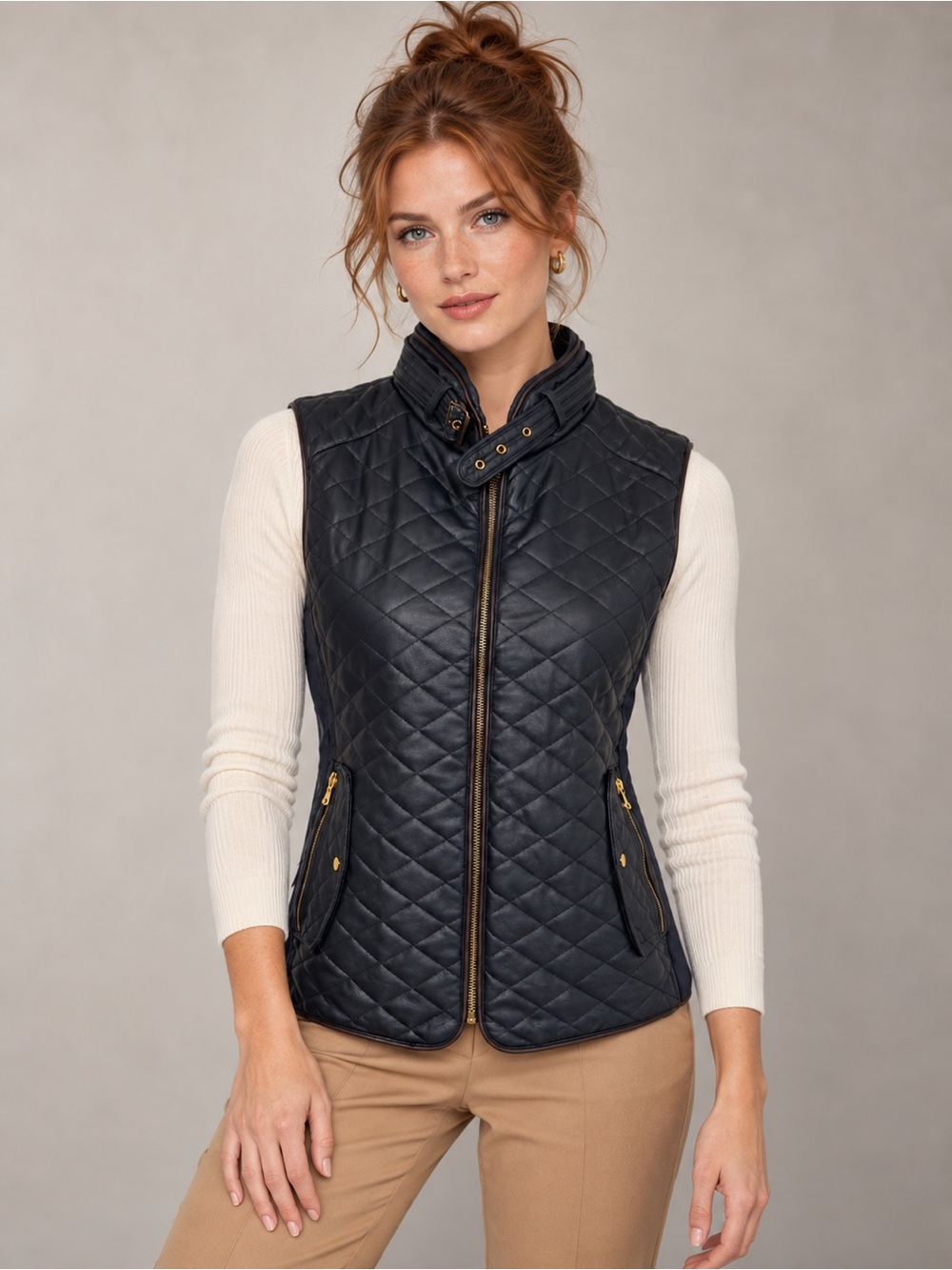 Fate Rowan Quilted Faux Leather Vest Midnight Blue Gold Hardware Size M